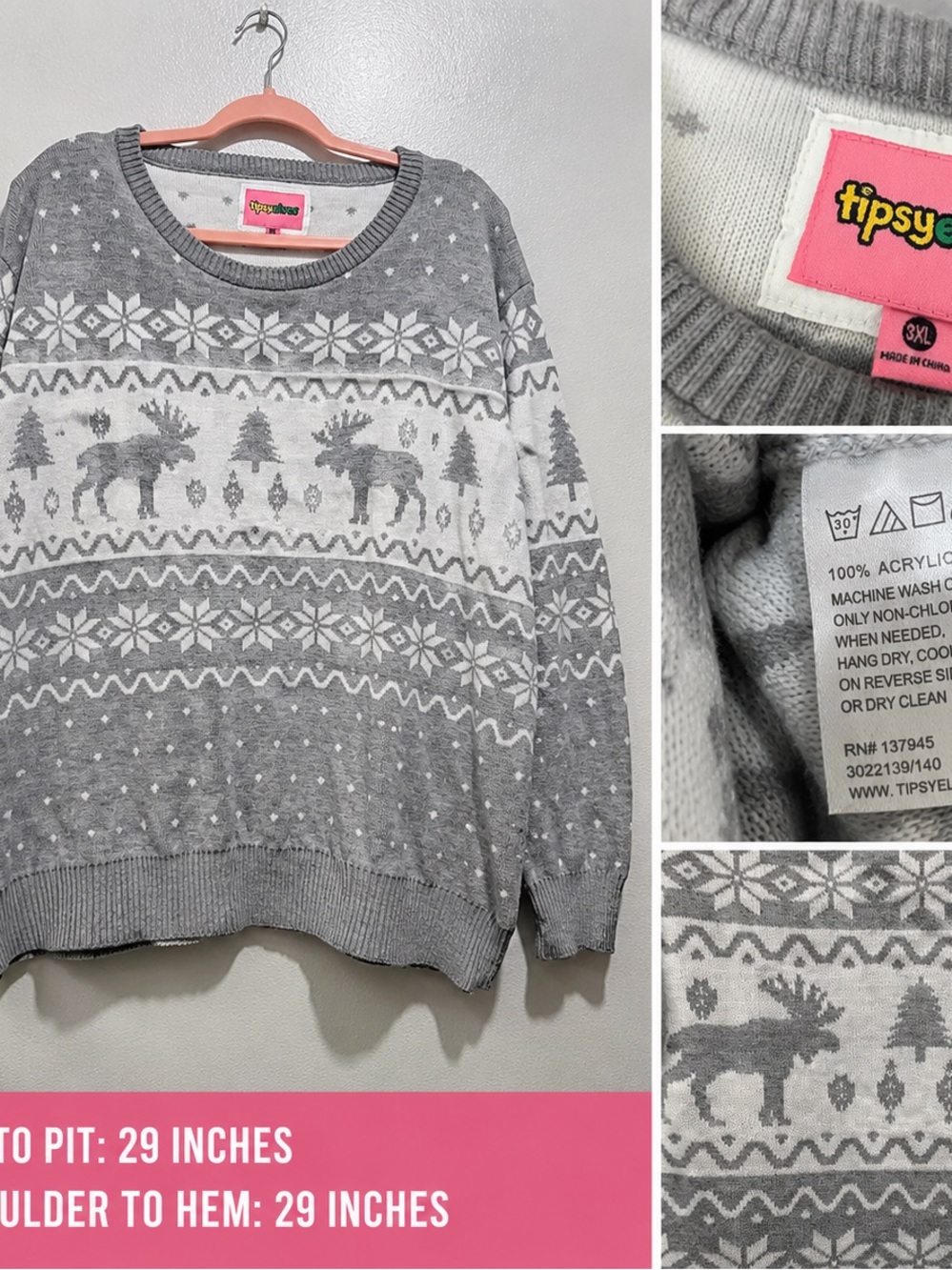 Tipsy Elves Gray & White Moose Fair Isle Crewneck Sweater